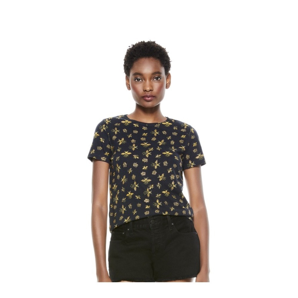 Alice + Olivia Rylyn Queen Bee Print Rhinestone Embellished Black T Shirt Large